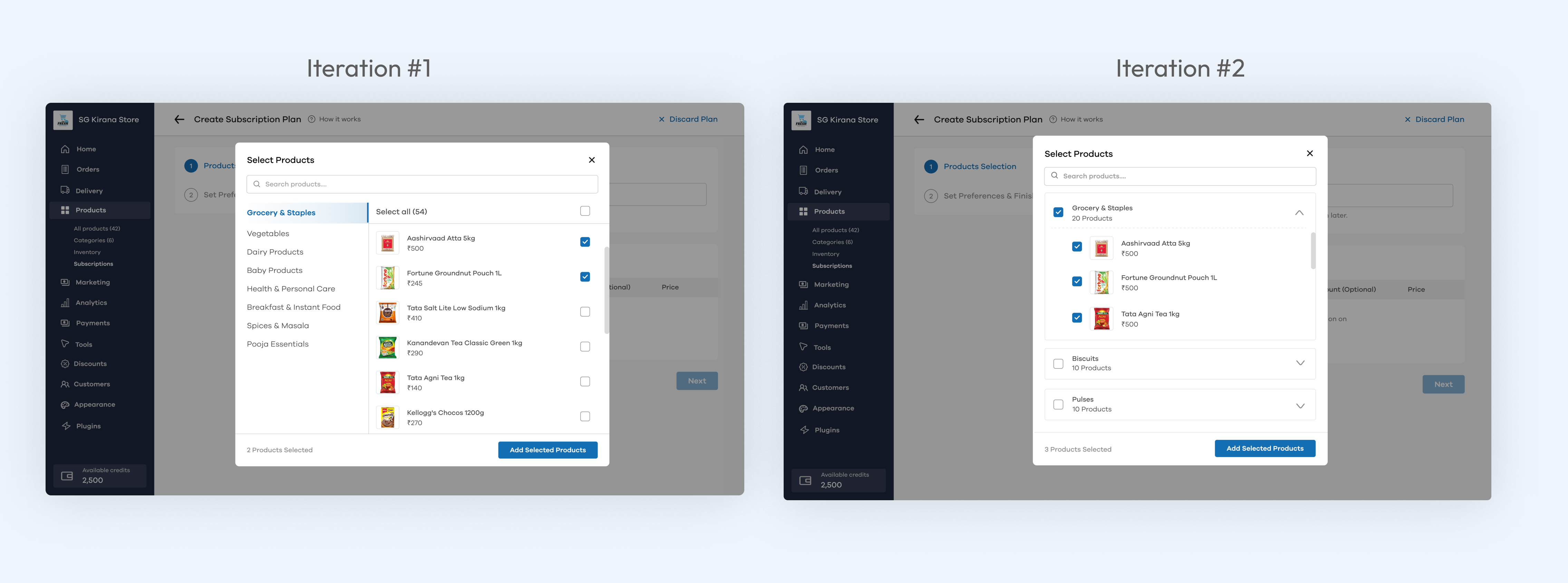 Product selection modal iterations