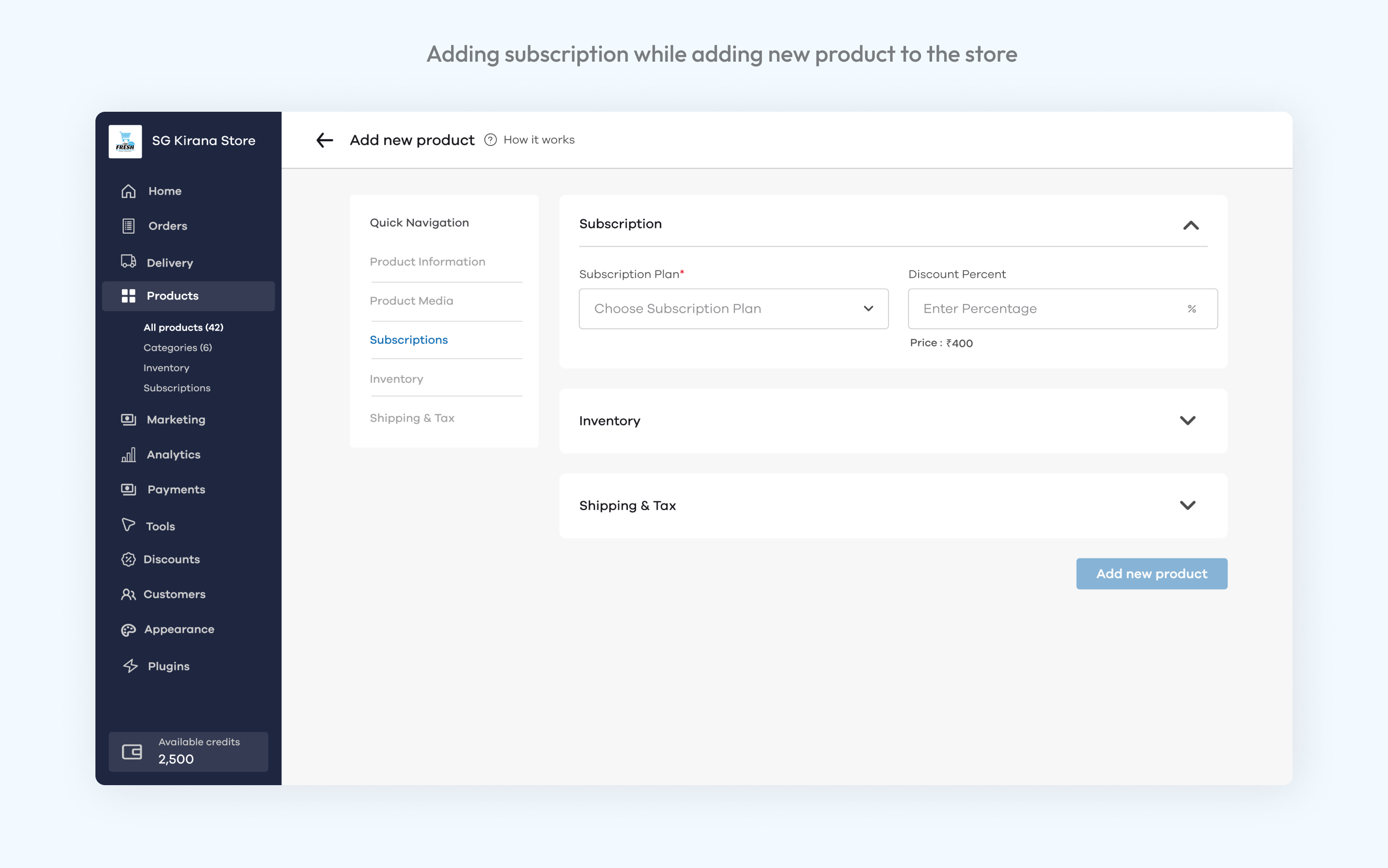 Add product with subscription accordion